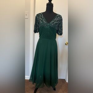 Embellished Dark Green Midi Dress with Beaded Bodice